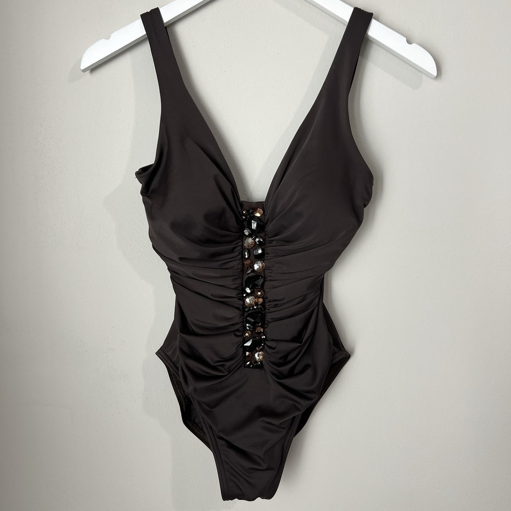 Miraclesuit Treasure Island Embellished One Piece Swimsuit Size 8 Brown Slimming - Picture 3 of 10